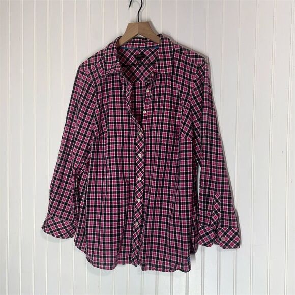Talbots Woman 1X Pink Black Plaid Button Down Shirt Cotton Long Sleeve Flannel - Picture 1 of 9